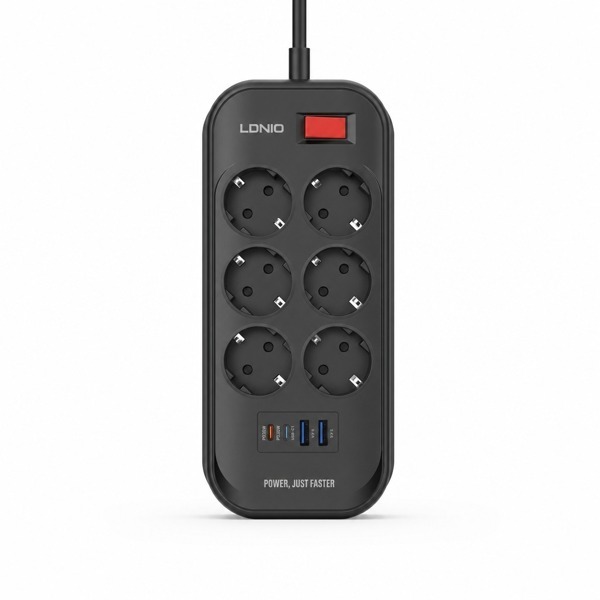 LDNIO SE6403C: 6 розеток, 2 USB, 2 Type-C, чёрный